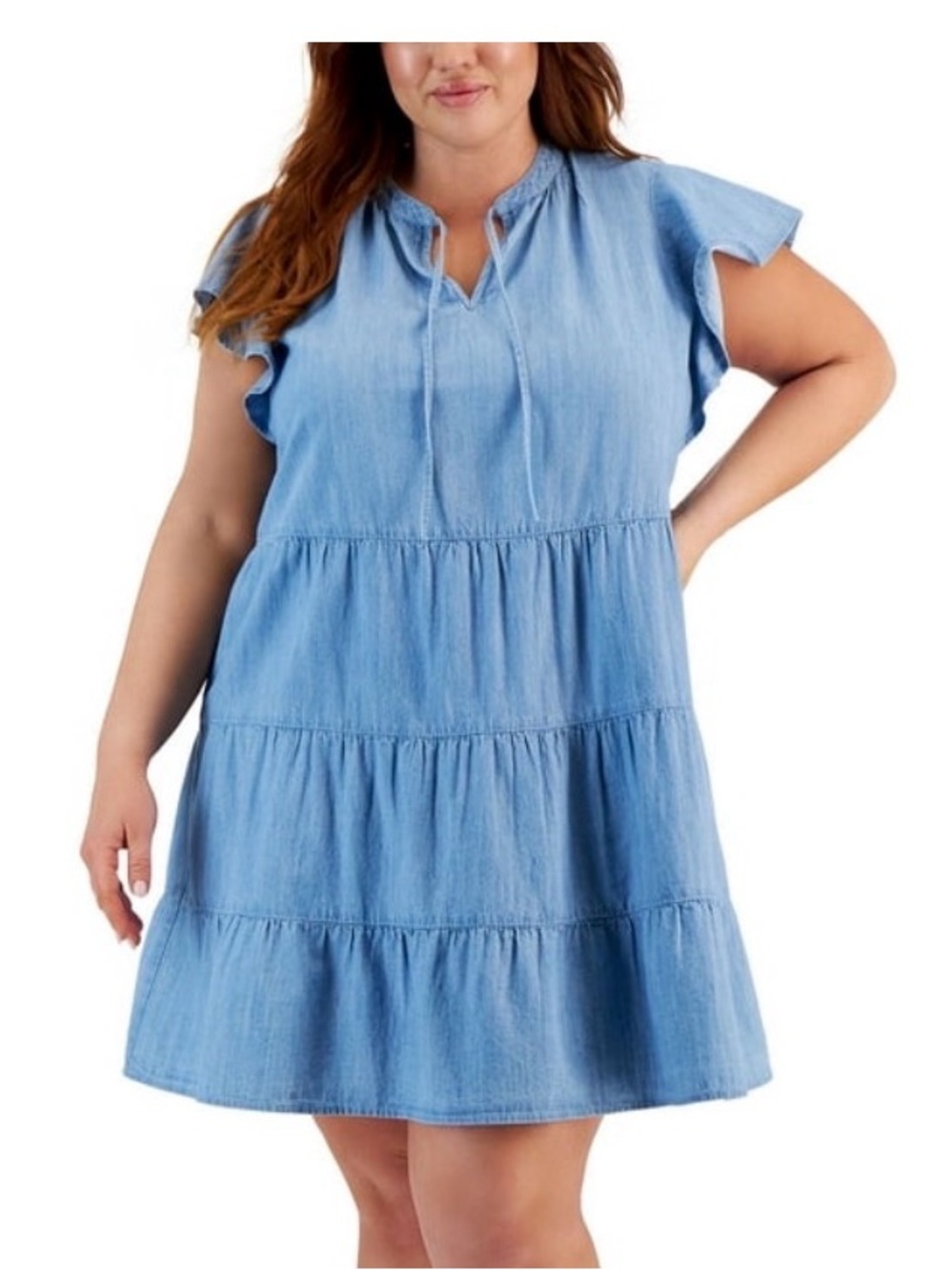 Style & Co. Tiered Cottage Chambray Dress Blue Peasant Boho Flutter Sleeve SZ XL
